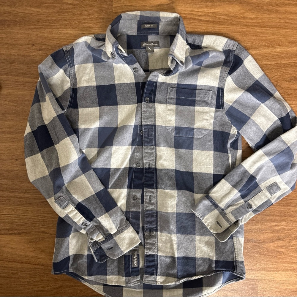 Eddie Bauer Navy and Cream Plaid‎ Shirt